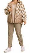 Umgee Checkered Button Up Jacket In Taupe In Brown
