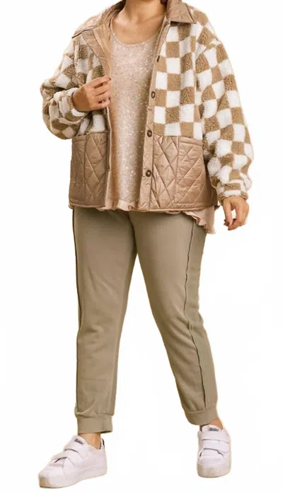 Umgee Checkered Button Up Jacket In Taupe In Brown