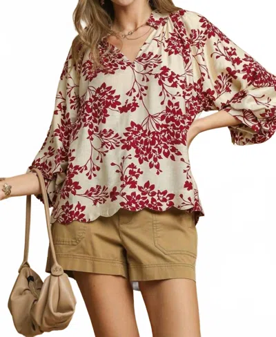 Umgee Cherry Blossom Print Scalloped Hem Blouse In Beige In Multi