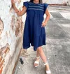 Umgee Claudia Smocked Round Neck Dress In Navy