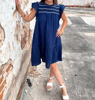 Umgee Claudia Smocked Round Neck Dress In Navy