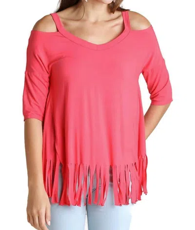 Umgee Cold Shoulder Fringe Top In Strawberry