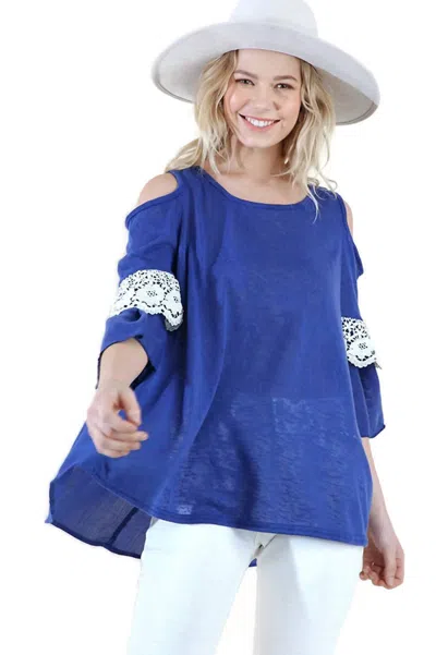 Umgee Cold Shoulder Ruffle Sleeve Top In Blue In Multi