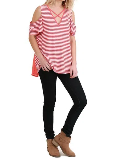 Umgee Cold Shoulder Striped Top In Coral In Red