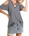 Umgee Cold Shoulder Striped Top In Navy & White In Multi
