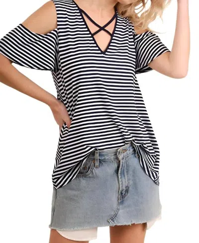 Umgee Cold Shoulder Striped Top In Navy & White In Multi