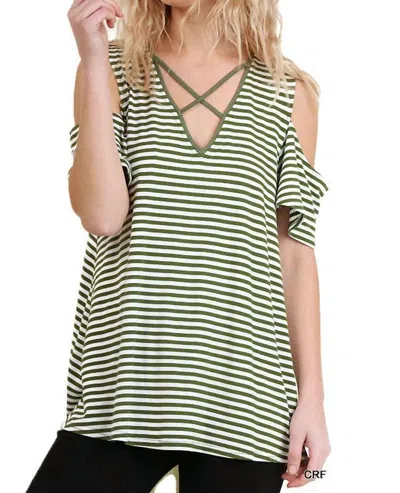 Umgee Cold Shoulder Striped Top In Olive In Multi