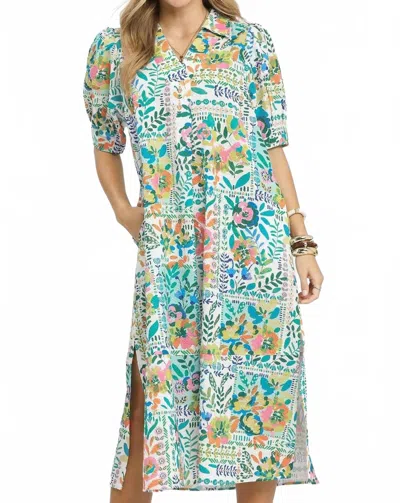Umgee Collared Printed Dress In Green Mix In Multi