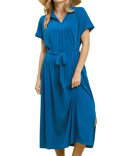 Umgee Collared V-neck Belted Midi Dress In Cerulean In Blue