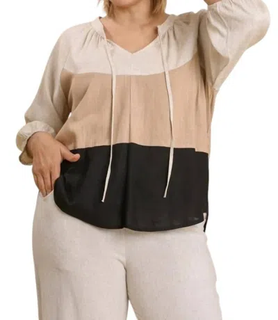 Umgee Color Block Balloon Sleeve Top In Latte Multi In Beige