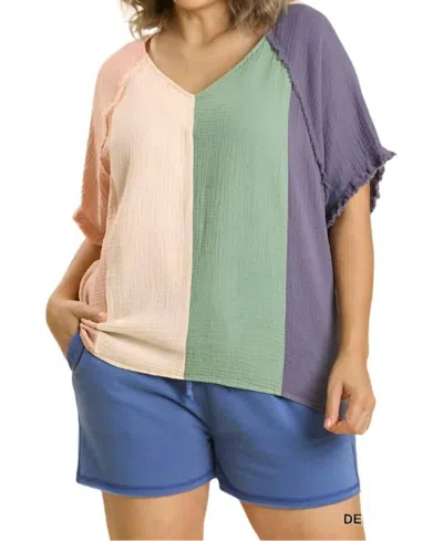 Umgee Color Block Cotton Gauze Top, In Denim Pink In Multi