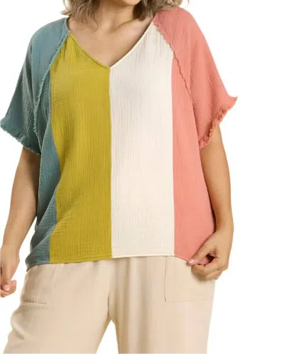 Umgee Color Block Cotton Gauze Top In Mint & Peach