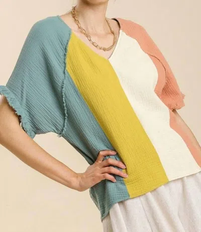 Umgee Color Block Cotton Gauze Top In Mint/peach In Multi