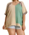 Umgee Color Block Cotton Gauze Top In Stone