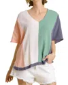 Umgee Color Block Gauze Top In Denim/pink