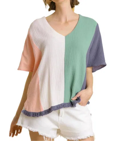 Umgee Color Block Gauze Top In Denim/pink