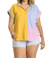 Umgee Color Block Gauze Top In Mango & Sky