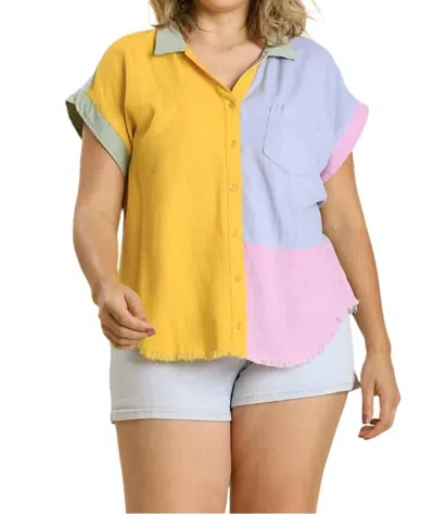 Umgee Color Block Gauze Top In Mango & Sky