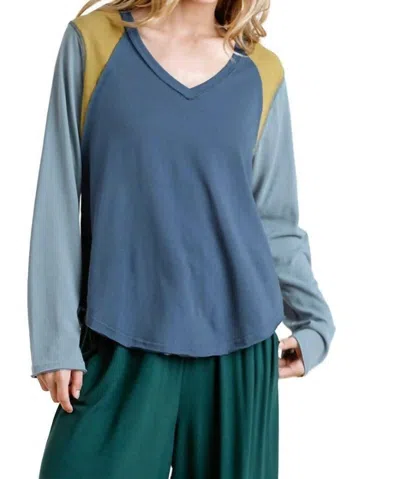 Umgee Color Block Raw Edge Top In Blue