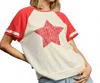 Umgee Color Block Star Slub Knit Top In Coral Fuchsia In White