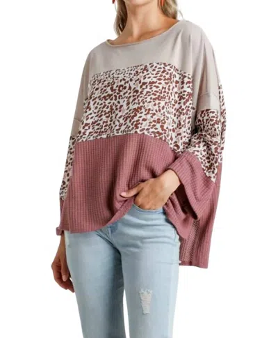 Umgee Color Block Waffle Knit Top In Berry Mix In Animal Print