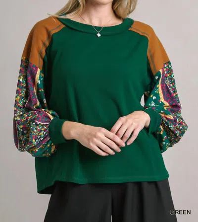 Umgee Colorblock Contrast Knit With Printed Sleeves Top In Green