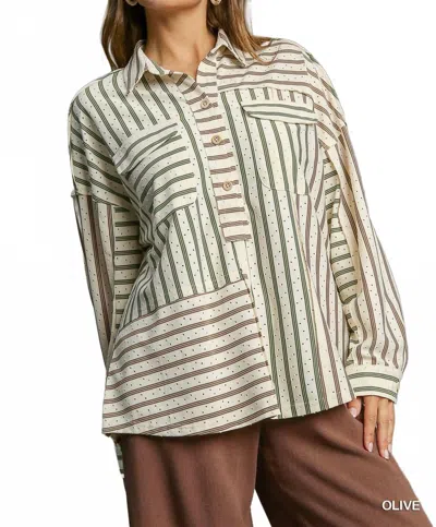 Umgee Colorblock Stripe Collared Button-down Top In Olive In Neutral
