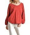 Umgee Contrast Knit Puff Sleeve Top In Brick In Red