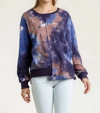 Umgee Contrast Trim Tie Dye Top In Blue In Multi