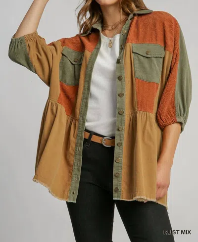 Umgee Corduroy Color Block Jacket With Front Pockets In Rust In Multi