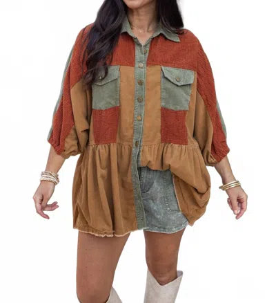 Umgee Corduroy Fab Colorblock Tunic Top In Rust