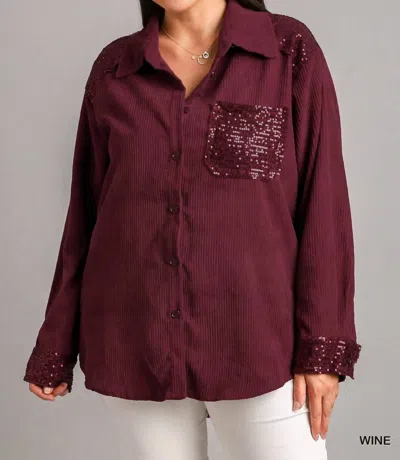 Umgee Corduroy Jacket With Sequin Details In Wine In Red