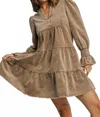 Umgee Corduroy V-neck Babydoll Dress In Mocha In Brown