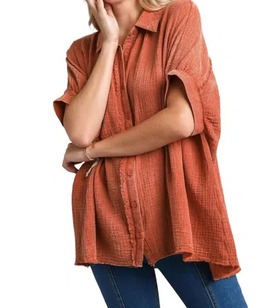 Umgee Cotton Gauze Mineral Wash Button Down Top In Orange