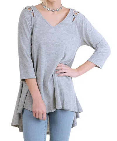 Umgee Criss Cross Cutout Detail Tunic Top In Heather Grey