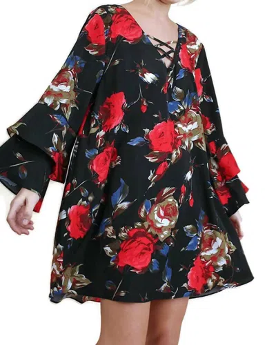 Umgee Criss Cross Layered Ruffle Sleeve Floral Dress In Black In Animal Print