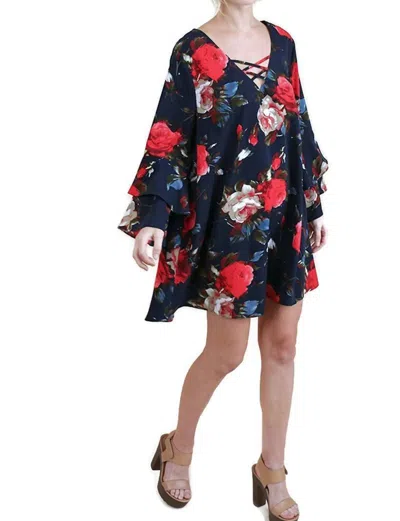 Umgee Criss Cross Layered Ruffle Sleeve Floral Dress In Navy In Blue