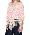 Umgee Crochet & Fringe Printed Top In Coral Pink In Pink