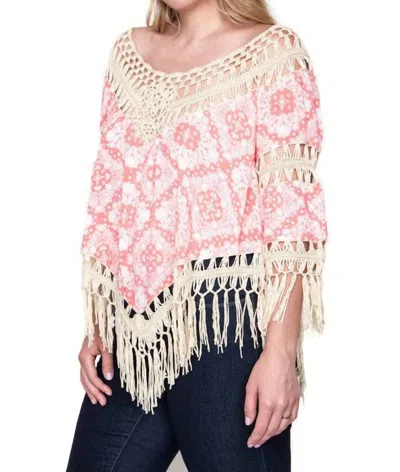 Umgee Crochet & Fringe Printed Top In Coral Pink