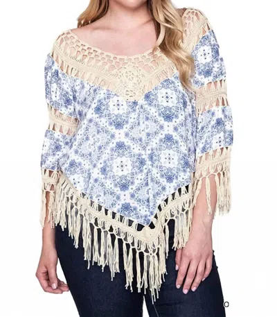 Umgee Crochet & Fringe Printed Top In Off White In Multi