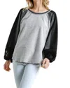 Umgee Crochet Puff Sleeve Top In Charcoal