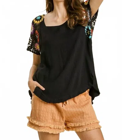 Umgee Crochet Sleeve Top In Black