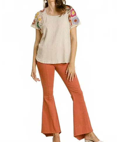 Umgee Crochet Sleeve Top In Oatmeal In White