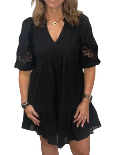 Umgee Crochet Sleeve V-neck Dress In Black