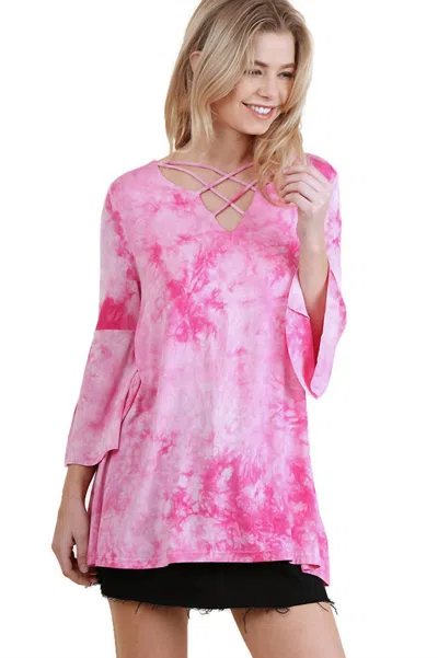 Umgee Crossed Tie Dye Bell Sleeve Top In Pink