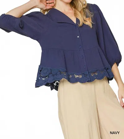 Umgee Cutwork Short Sleeve Top In Blue