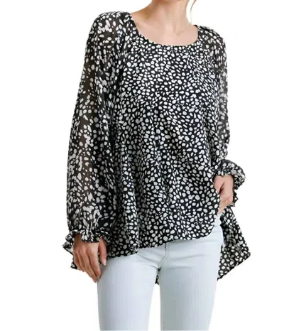 Umgee Dalmatian Balloon Ruffle Sleeve Top In Black/white In Multi