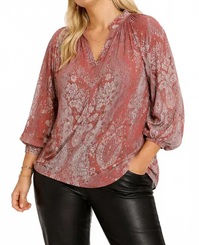 Umgee Damask Print Velvet Split Neck Top In Dusty Rose In Multi
