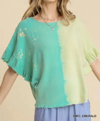 Umgee Dip Dye Ruffle Sleeve Top In Emerald In Green