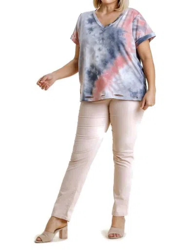 Umgee Distressed Tie Dye Top In Grey/rose In Blue